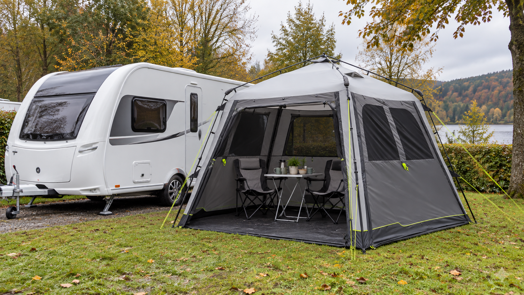 Carpa plegable con laterales instalada en un camping durante el otoño