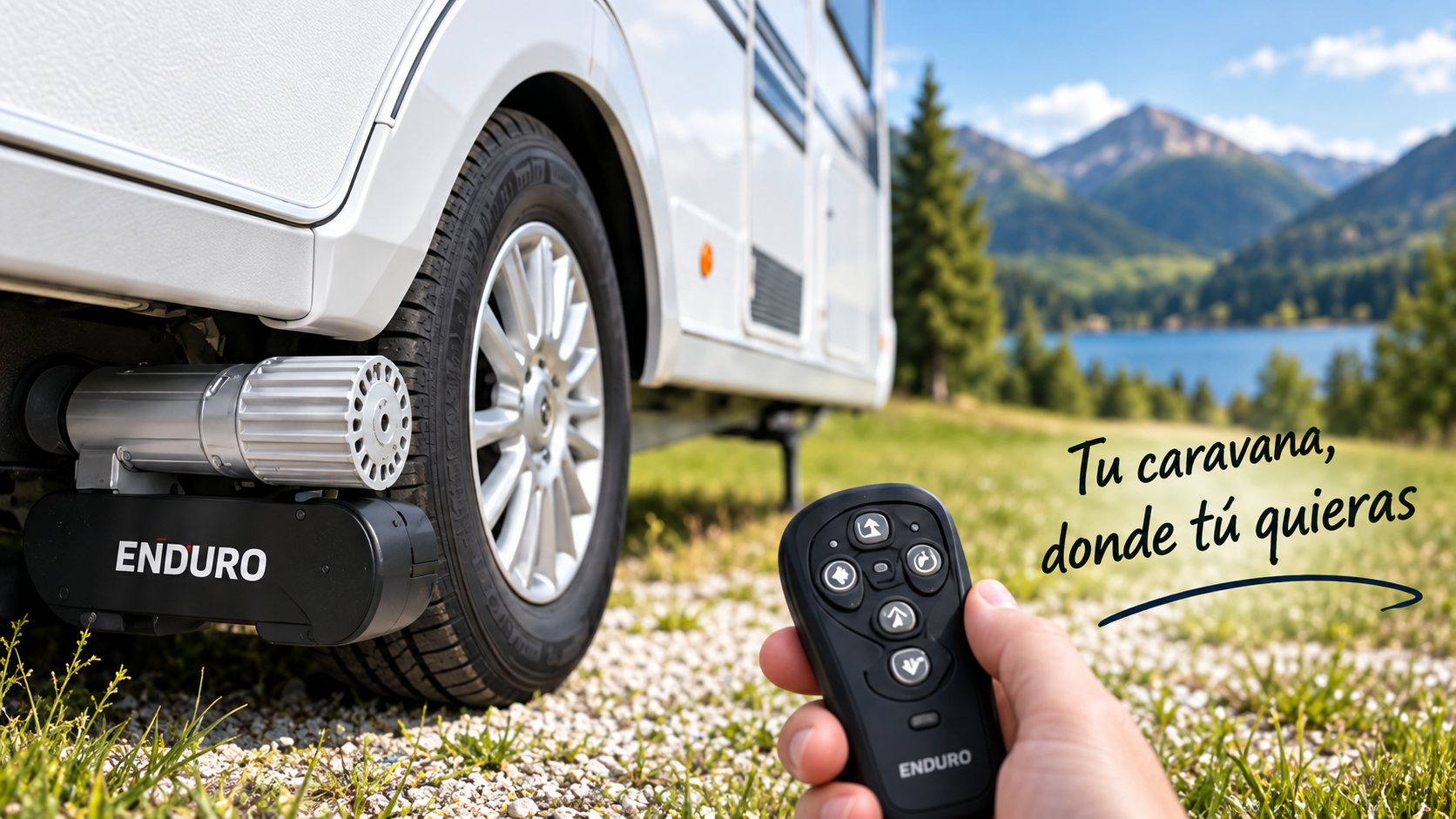 Mover Enduro para caravana instalado junto a la rueda con mando a distancia