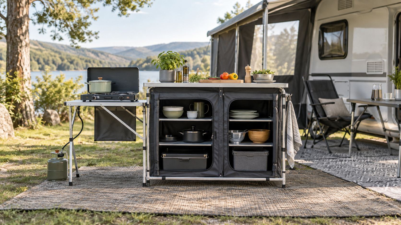 Mueble de cocina camping plegable con armario y encimera junto a una caravana